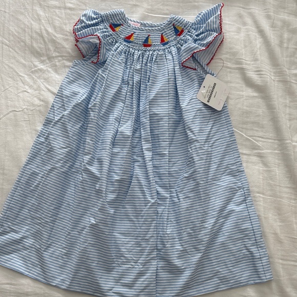 Charming Blue Striped Kids Dress with Colorful Accents - Picture 1 of 5